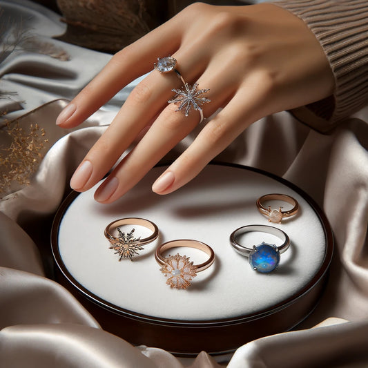 A modern and elegant photograph showcasing a Classic Snowflake Ring, an Opal Ring, and a Sapphire Ring on a luxurious fabric background with a jewellery tray and a model's hand displaying the rings.