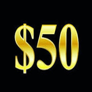 Golden text displaying "$50" on a black background.