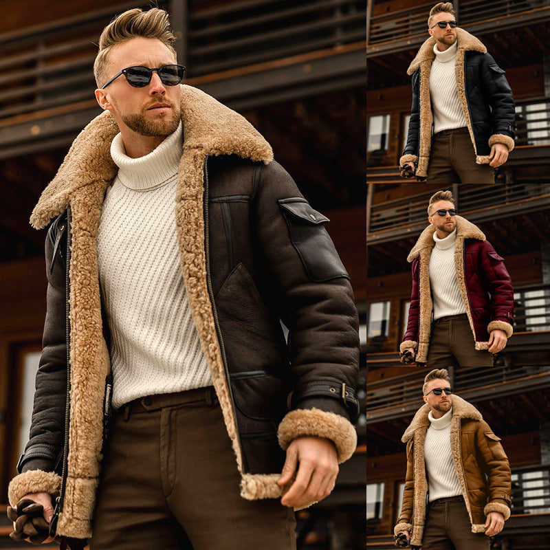 A man wearing sunglasses, a white sweater, brown pants, and a shearling coat. He is posing confidently outside. To the right, there are three smaller images of him in different colored shearling coats.