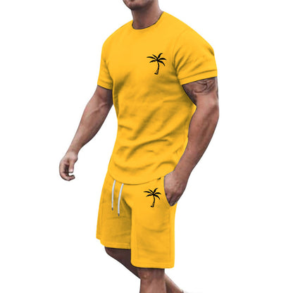 Men's Summer Two-Piece Set with Palm Tree Print - T-Shirt and Shorts