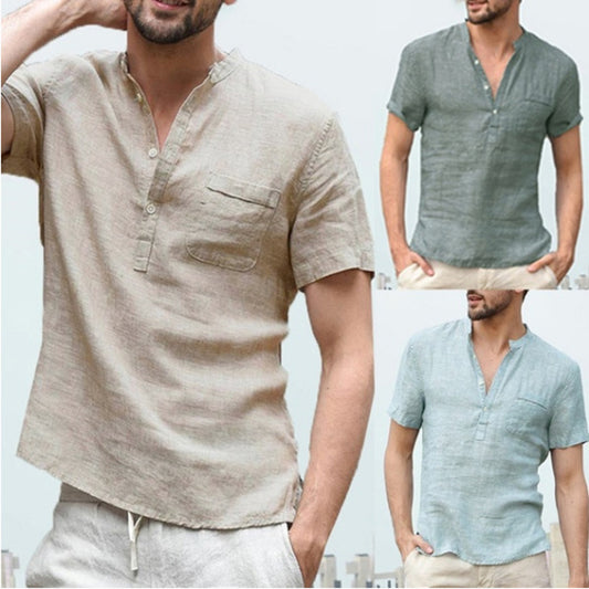 A collage features three men each wearing the "Stay cool and stylish with this Men's Casual Linen Blend Henley Shirt" in beige, green, and blue. These breathable shirts are made from a linen blend, have short sleeves and a classic Henley collar, with the men casually resting their hands in their pockets.