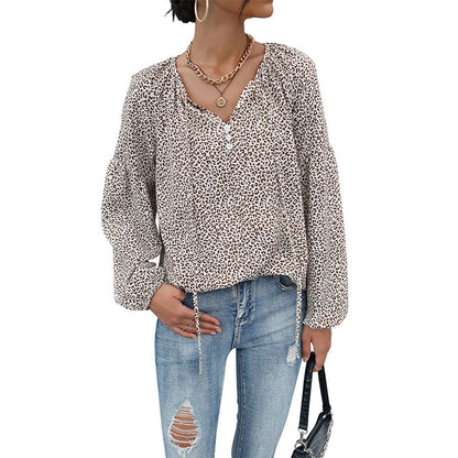 New European and American retro long sleeve leopard-print shirt with drawstring.