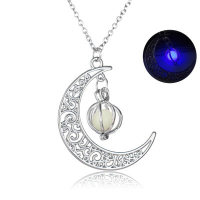 Luminous Crescent Moon Necklace with Glowing Orb Pendant