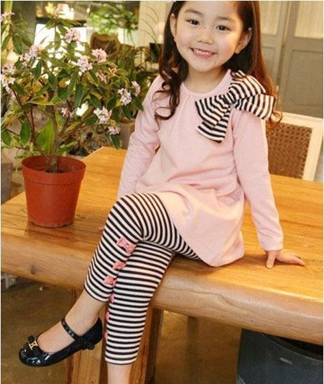 Girls' Pink Bow Top & Striped Leggings Set - Cute & Comfortable Outfit