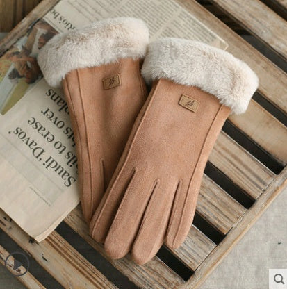 Warm Korean-style suede gloves for women, touch screen and velvet-lined for winter.