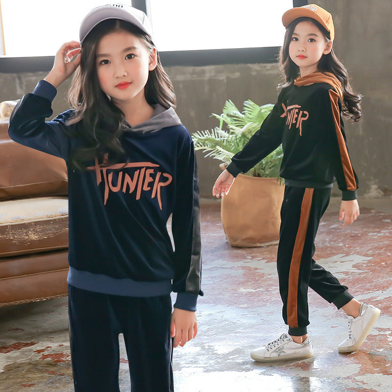 Girls' Velvet Hooded Tracksuit - Sporty Two-Piece Set