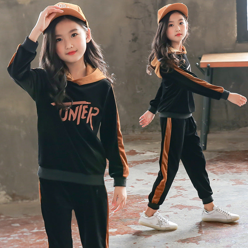 Girls' Velvet Hooded Tracksuit - Sporty Two-Piece Set