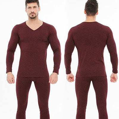 Front and back view of a man wearing the Men's Thermal Base Layer Set in maroon, featuring a V-neck long-sleeved shirt and matching pants. Made from breathable fabric, this form-fitting ensemble serves as an effective thermal base layer for men. The white background emphasizes the sleek design.