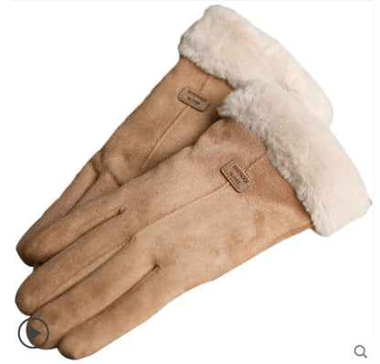 Warm Korean-style suede gloves for women, touch screen and velvet-lined for winter.