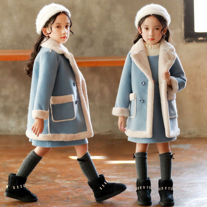 Girls' Faux Fur Trimmed Winter Coat - Double-Breasted Jacket