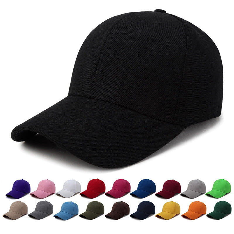 A CJ'S Fashion Women's and Men's Baseball Cap in black is centered in the image, with a variety of other adjustable caps displayed below it in different colors including purple, light pink, light blue, white, red, magenta, dark pink, dark blue, grey, orange, teal, green brown yellow and black.