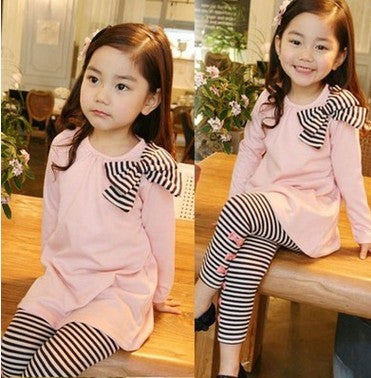 Girls' Pink Bow Top & Striped Leggings Set - Cute & Comfortable Outfit