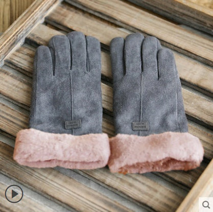 Warm Korean-style suede gloves for women, touch screen and velvet-lined for winter.