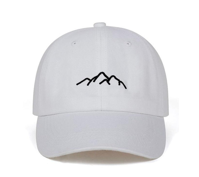 The Minimalist Mountain Embroidered Cotton Baseball Cap by CJ'S is perfect for outdoor enthusiasts. Featuring a sleek design of three mountain peaks in black stitching on the front, this adjustable cap is crafted from breathable cotton fabric. The plain white backdrop complements any adventure outfit.