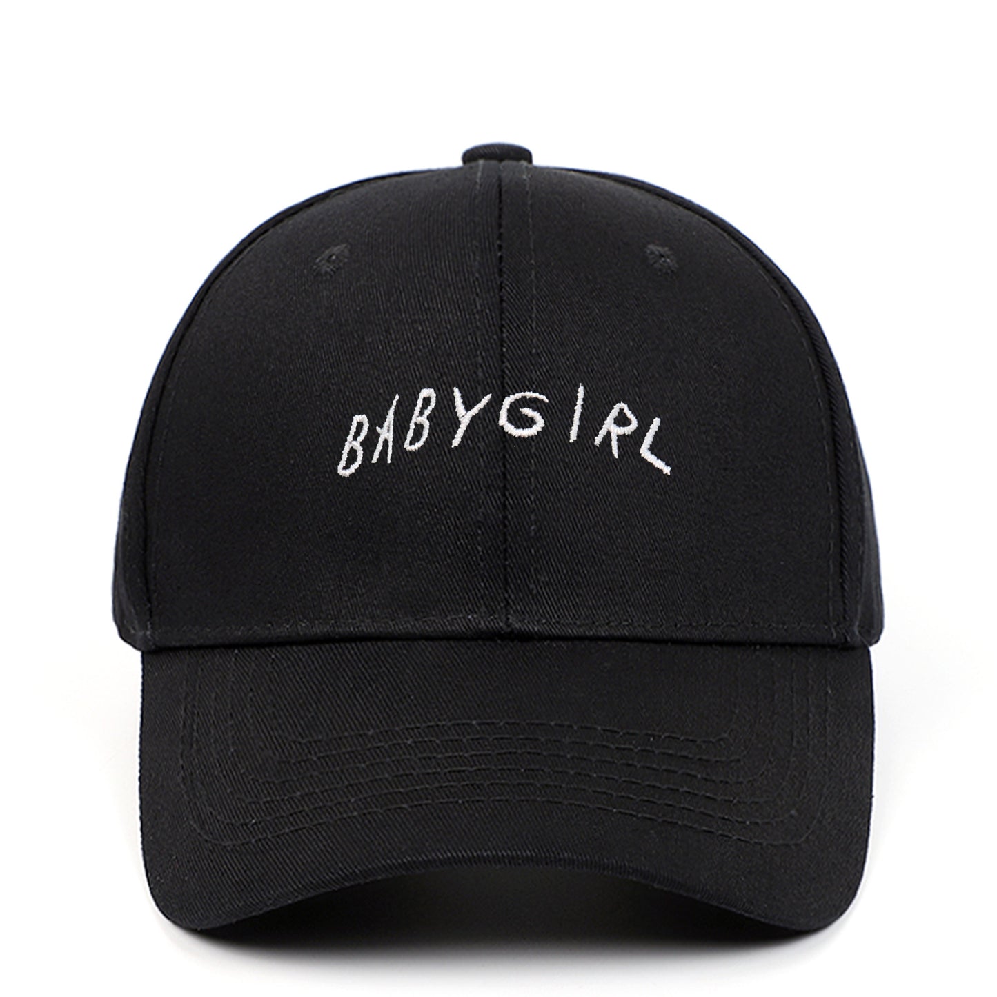 The Babygirl Embroidered Black Adjustable Cap by CJ'S is a trendy accessory, featuring "BABYGIRL" embroidered in white uppercase letters on the front. The cap has a curved brim and six panels with visible stitching.