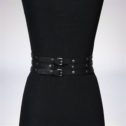 Women Black Leather Waist Belts Sexy Body Harness 3 Layer PU Metal Hoop Patchwork Rivet Belt for Lady