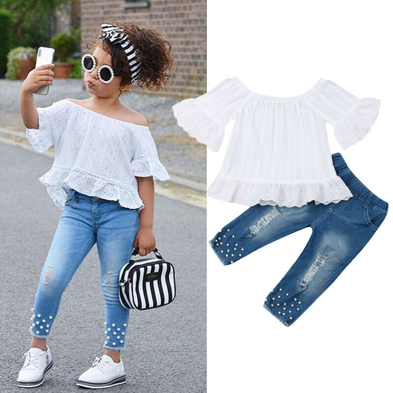 Girls' Chic Off-Shoulder Top & Pearl-Embellished Jeans Set