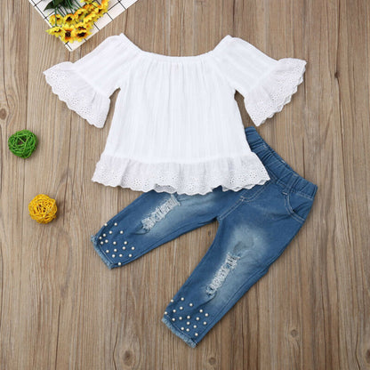 Girls' Chic Off-Shoulder Top & Pearl-Embellished Jeans Set