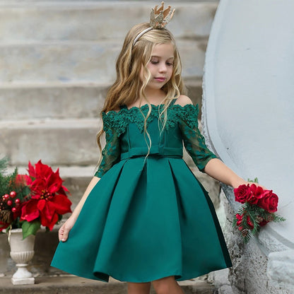 Girls' Elegant Off-Shoulder Lace Party Dress