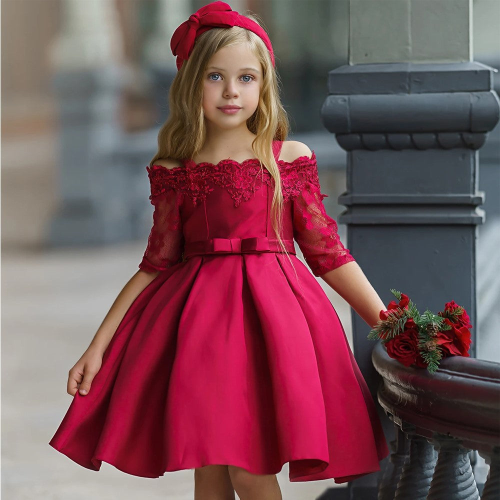 Girls' Elegant Off-Shoulder Lace Party Dress