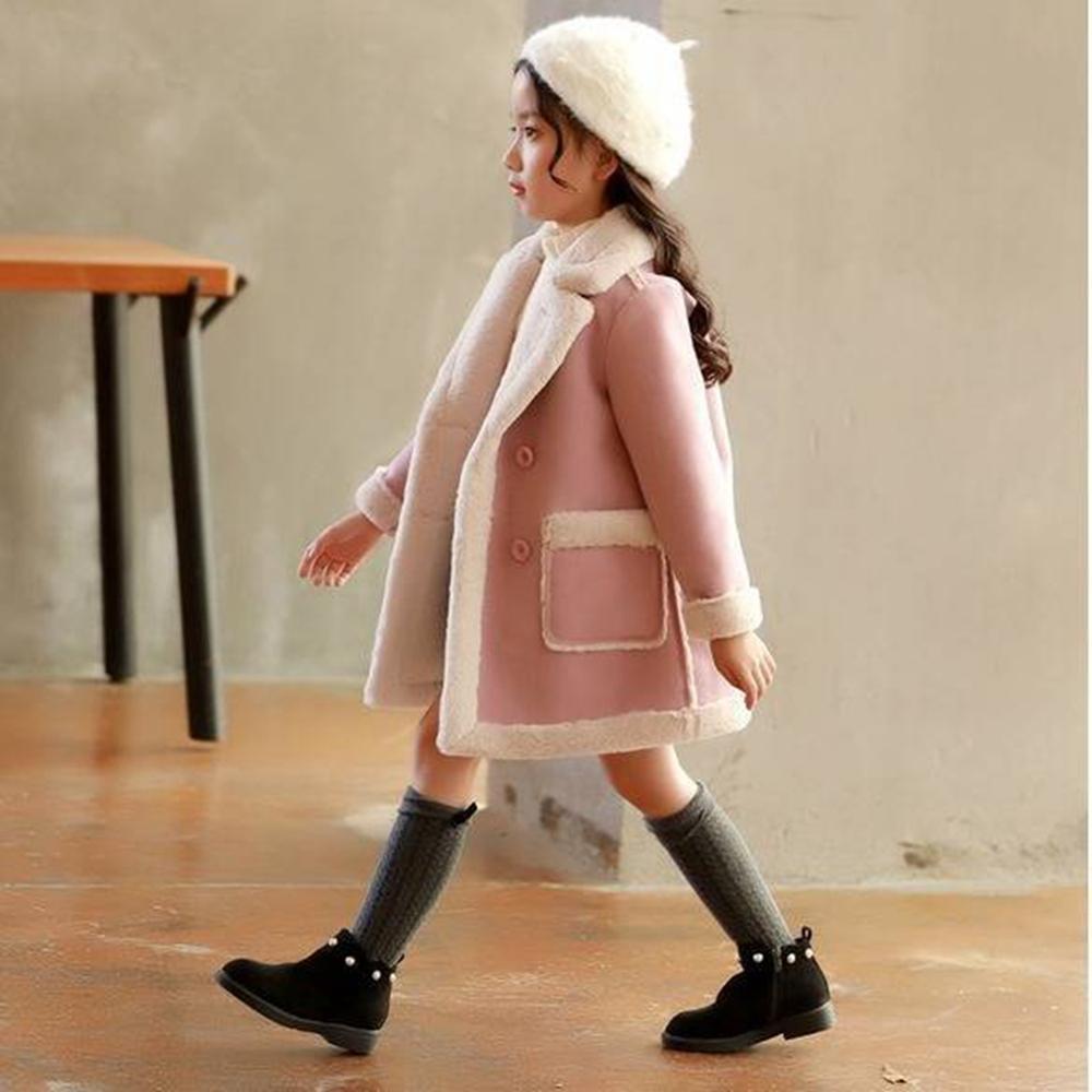 Girls' Faux Fur Trimmed Winter Coat - Double-Breasted Jacket