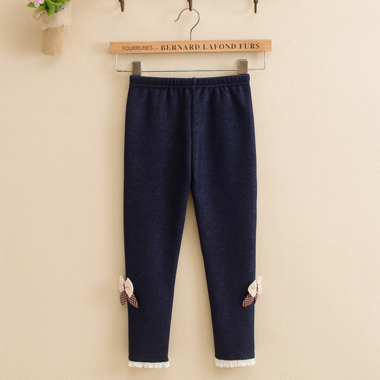 Girls' Bow-Embellished Fleece-Lined Leggings