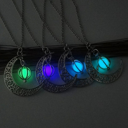 Luminous Crescent Moon Necklace with Glowing Orb Pendant