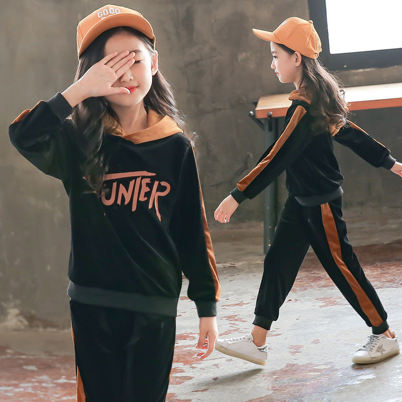 Girls' Velvet Hooded Tracksuit - Sporty Two-Piece Set