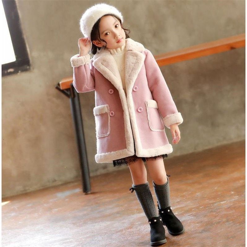 Girls' Faux Fur Trimmed Winter Coat - Double-Breasted Jacket