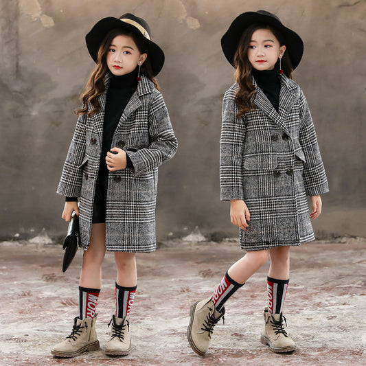 Gray Plaid Houndstooth Coat For Girls