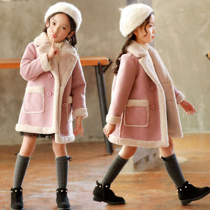 Girls' Faux Fur Trimmed Winter Coat - Double-Breasted Jacket