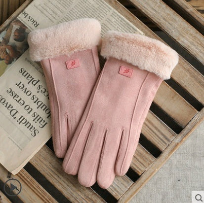 Warm Korean-style suede gloves for women, touch screen and velvet-lined for winter.