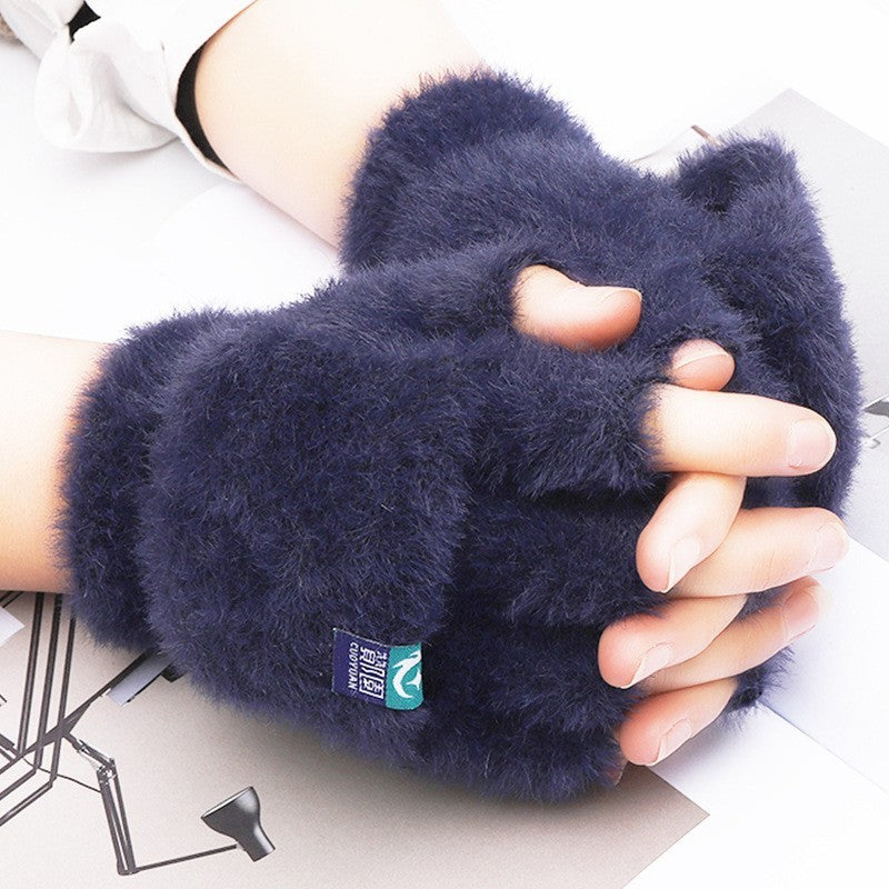 Plush winter flip gloves with exposed fingers – warm and cozy for students.