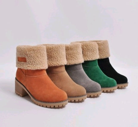 Five pairs of CJ'S Mid-Tube Thick Heel Suede Snow Boots with fold-over, shearling-lined cuffs and block heels are displayed. These boots come in different colors: tan, brown, grey, green, and black. Featuring a rugged suede upper and a casual style suitable for cold weather, these boots effortlessly combine function and fashion.