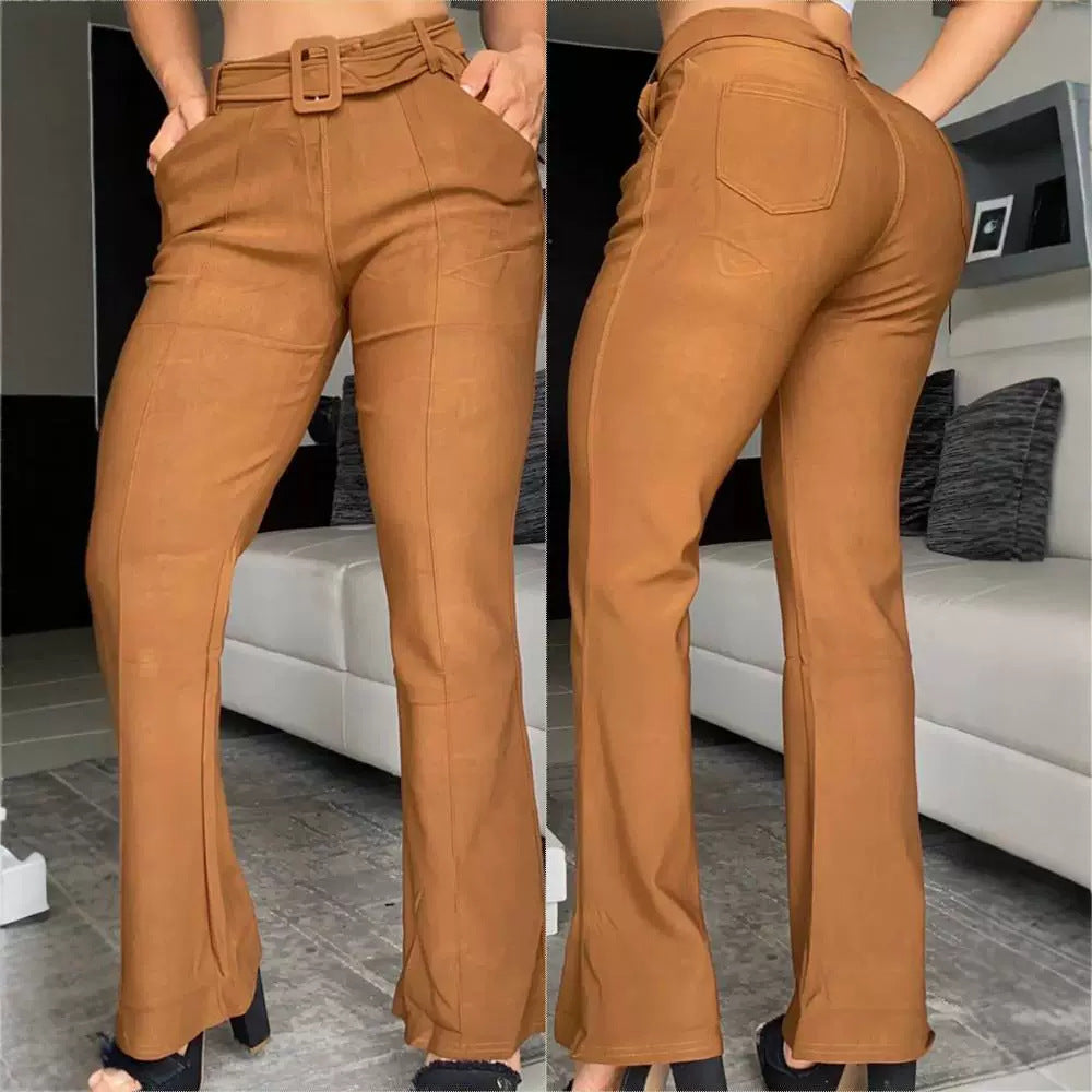 Women's Solid Color In Stock Slim-fit Trousers With Size Belt