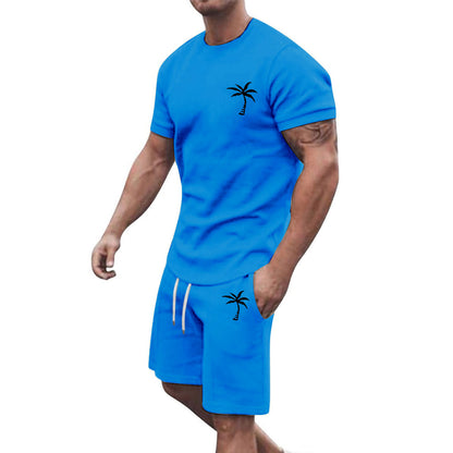 Men's Summer Two-Piece Set with Palm Tree Print - T-Shirt and Shorts