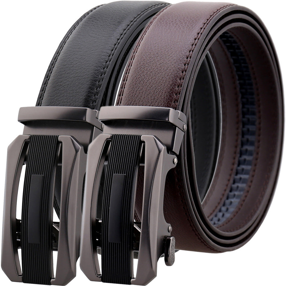 Two CJ'S Men's Business Alloy Comfort Click Belts are displayed side by side. One belt is black, and the other is brown. The metallic buckles showcase a sleek, modern design with matte gun bottom accents. Both belts appear to be new and unworn.