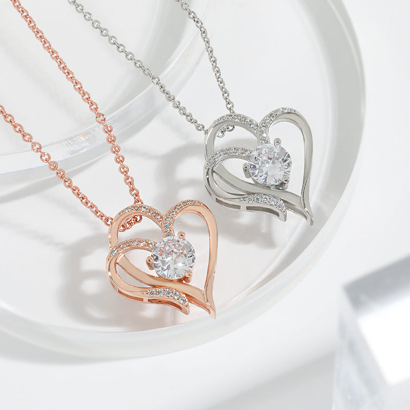 Double Heart Crystal Pendant Necklace – Available in Rose Gold and Silver