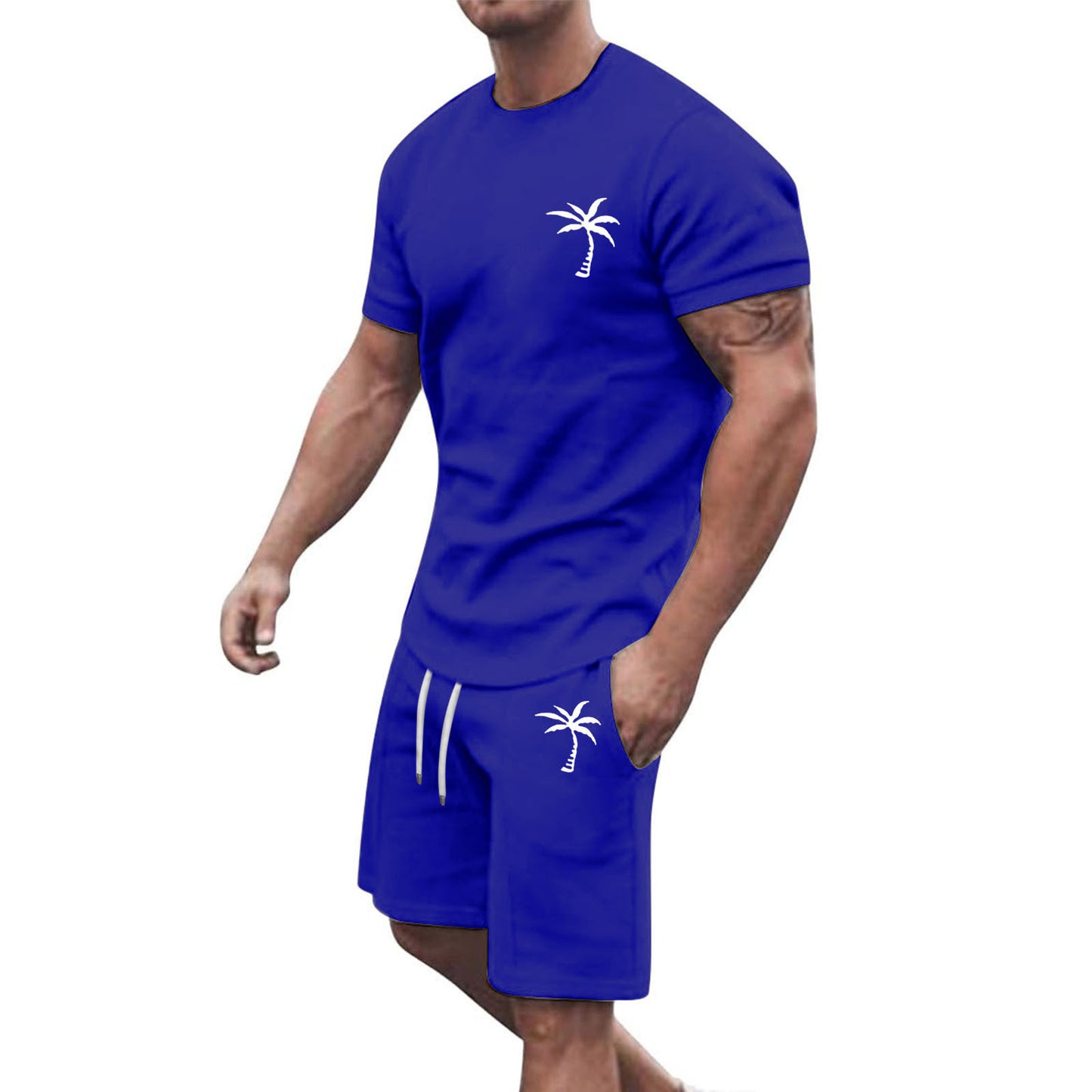 Men's Summer Two-Piece Set with Palm Tree Print - T-Shirt and Shorts