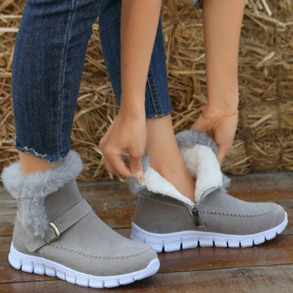 Top view of grey plush ankle winter boots for women, with cosy faux fur lining and buckle detail