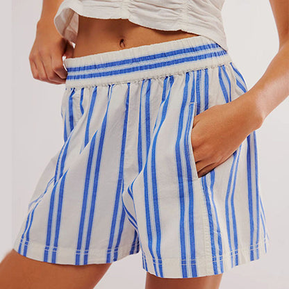 Y2K Stripe Print Shorts Summer Fashion Elastic Beach Pants With Pockets Womens Clothing