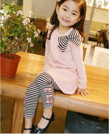 Girls' Pink Bow Top & Striped Leggings Set - Cute & Comfortable Outfit