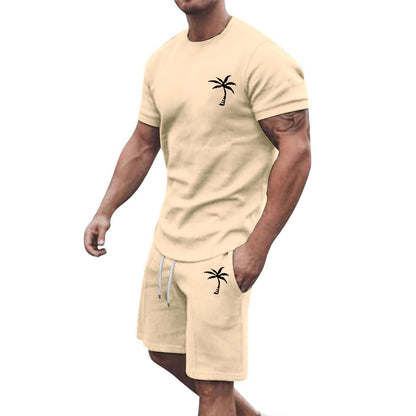 Men's Summer Two-Piece Set with Palm Tree Print - T-Shirt and Shorts