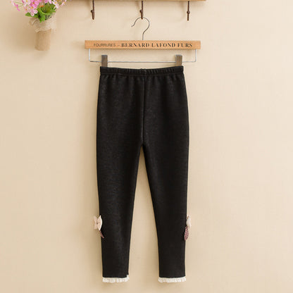 Girls' Bow-Embellished Fleece-Lined Leggings