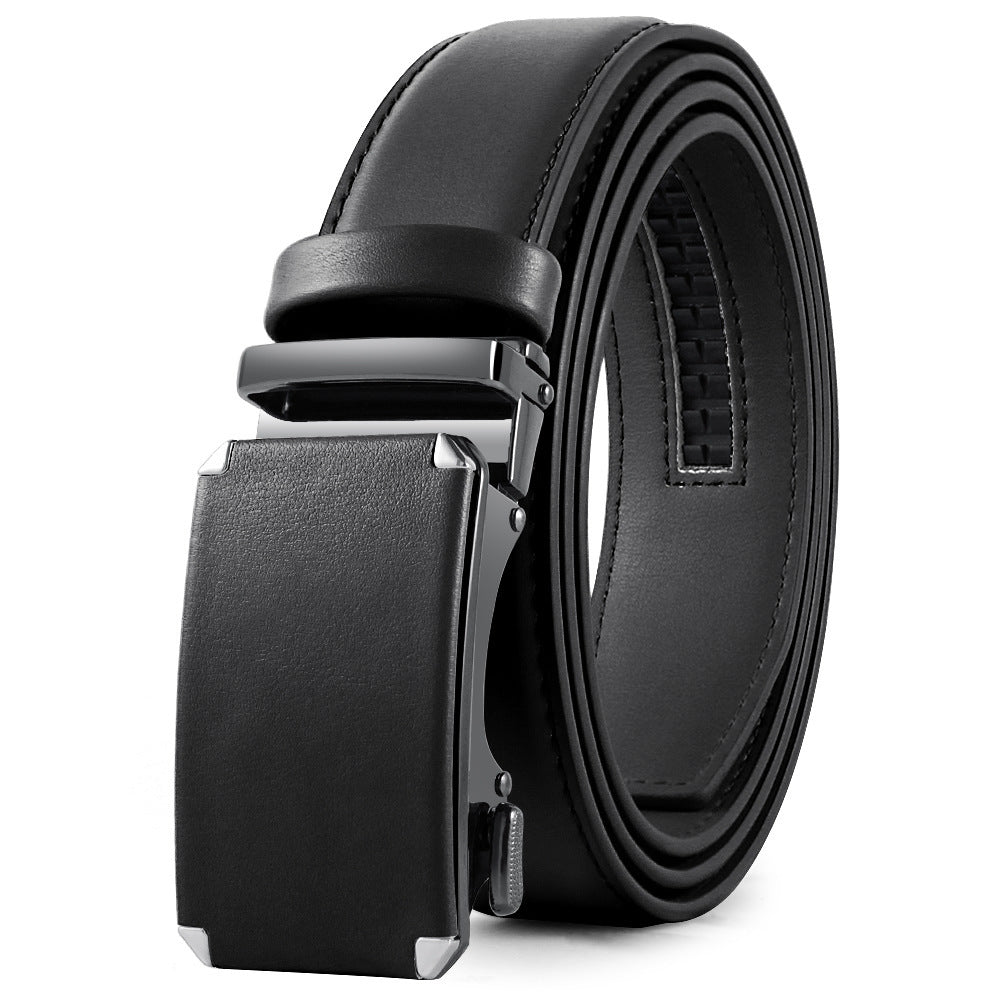 Introducing the CJ'S Men's Fashion Veneer Automatic Alloy Buckle Cowhide Belt: a sleek, modern black cowhide leather belt. This genuine leather belt features a rectangular automatic alloy buckle with glossy corners and a smooth surface. The thick strap is finely stitched along the edges and is neatly rolled up in a coil.