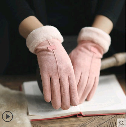 Warm Korean-style suede gloves for women, touch screen and velvet-lined for winter.