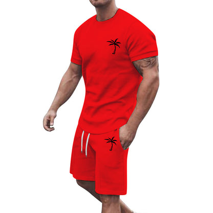 Men's Summer Two-Piece Set with Palm Tree Print - T-Shirt and Shorts