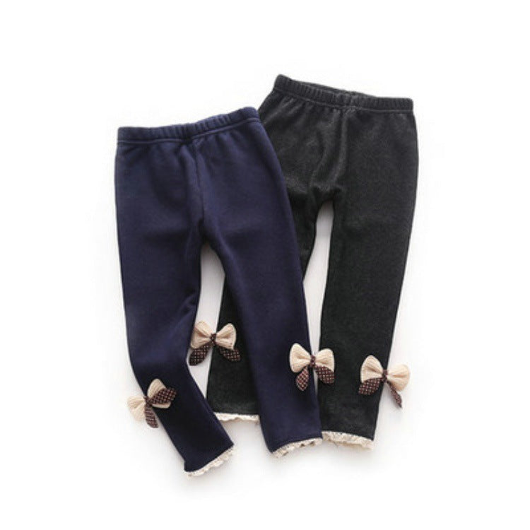 Girls' Bow-Embellished Fleece-Lined Leggings