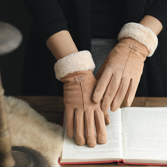 Warm Korean-style suede gloves for women, touch screen and velvet-lined for winter.