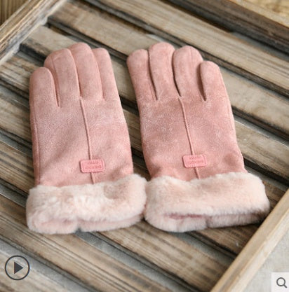 Warm Korean-style suede gloves for women, touch screen and velvet-lined for winter.